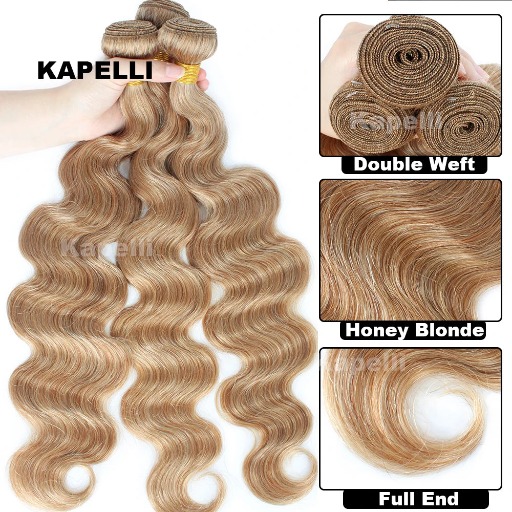 #27 Honey Blonde Human Hair Bundles with Closure Body Wave Bundles Hair With 4x4 Closure Brazilian Hair Weave Bundles Hair Remy