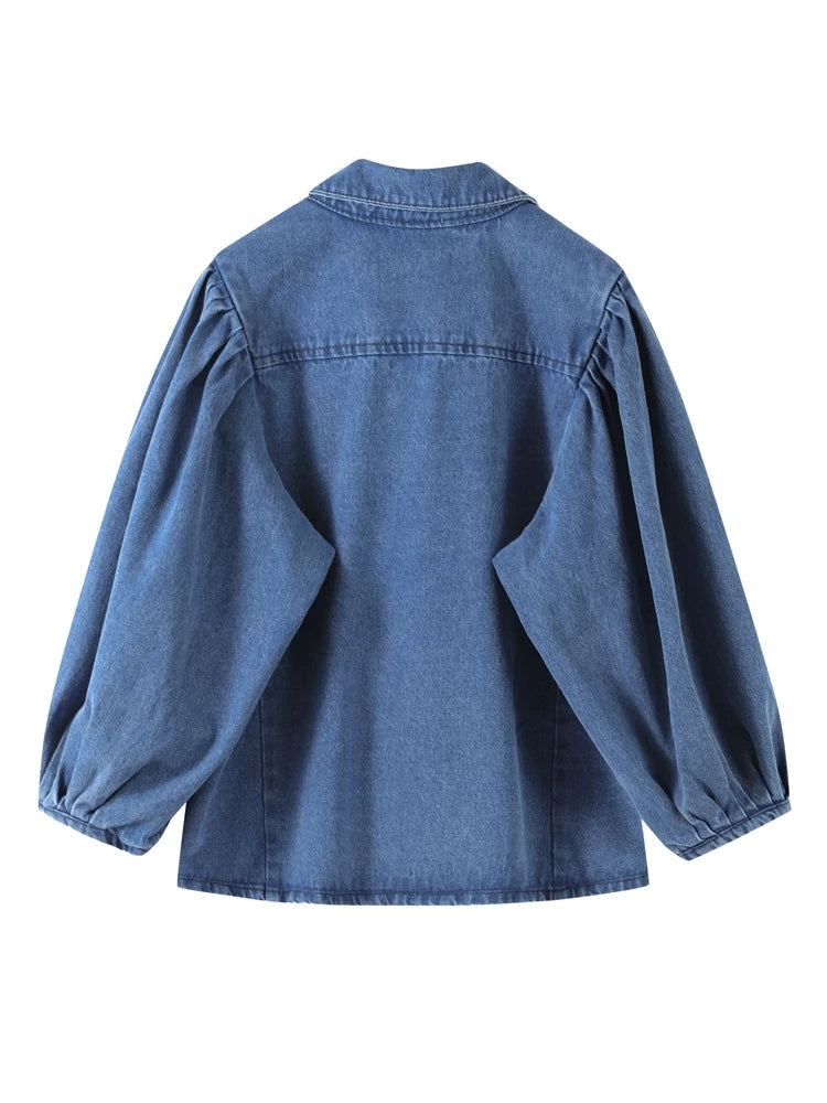 Street Denim Women's Shirt Solid Puff Half Sleeve Single Breasted Pleated Blouses Female 2025 Spring Summer All-match Streetwear