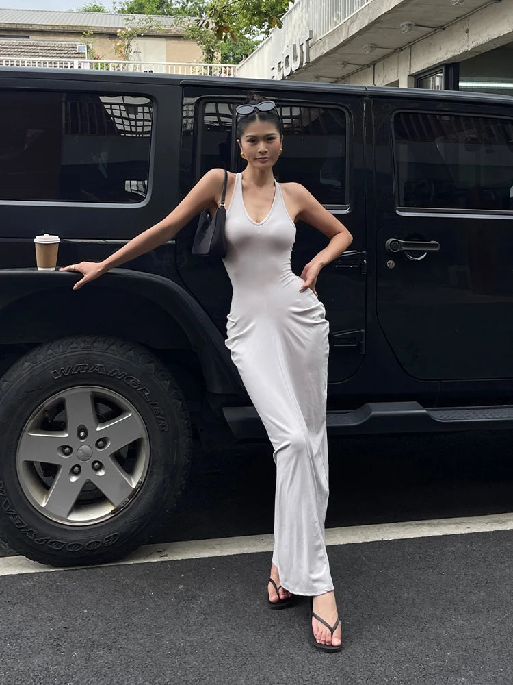 Spicy Girl V-neck Hanging Neck Sleeveless Dress Elegant Women's Summer New High Waist Slim Pleated Wrapped Hip Dresses ORPT