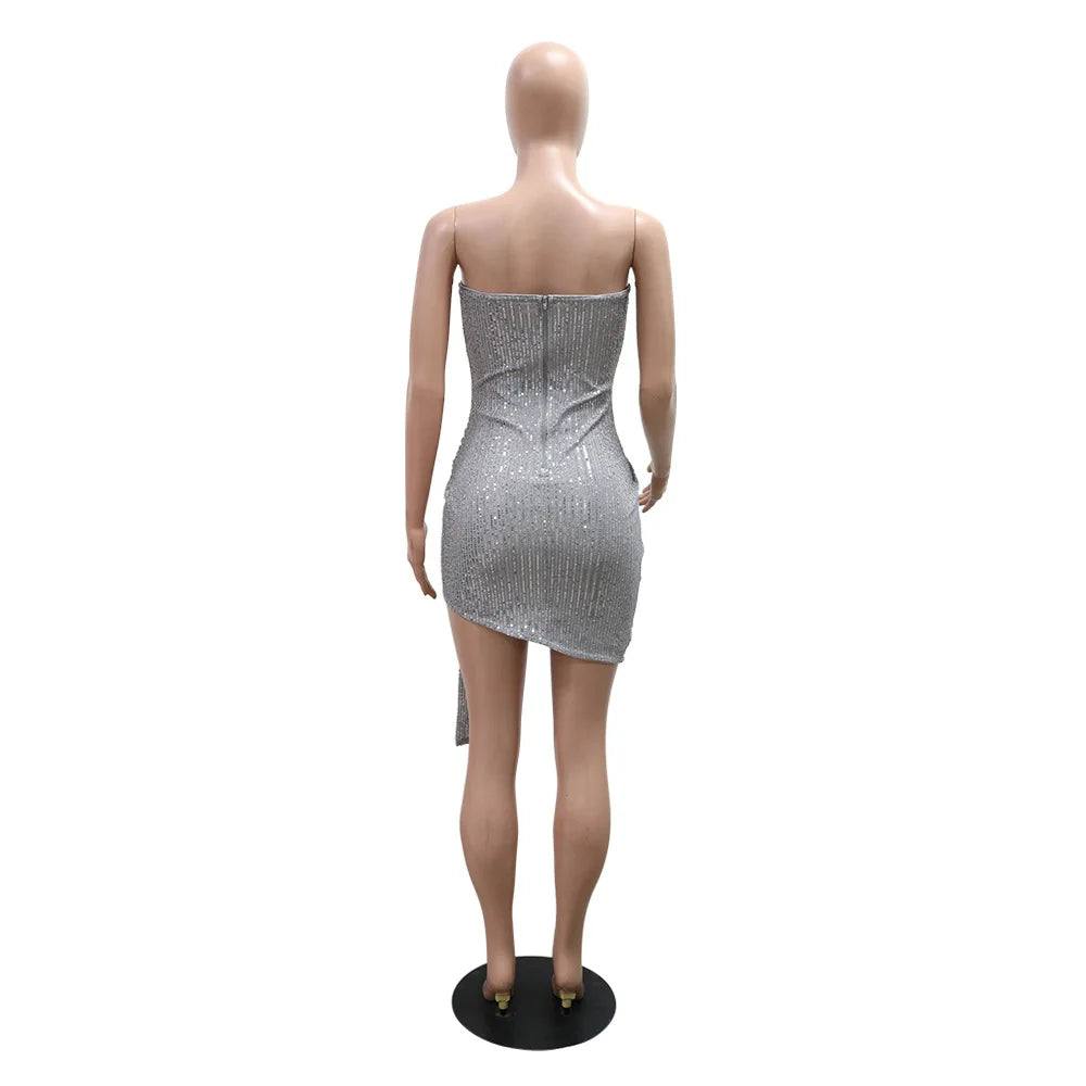 Strapless Sexy Sequin Dress Women Party Dresses Sleeveless Bodycon Vestidos Slim Night Club High Waist Knee Length Patchwork