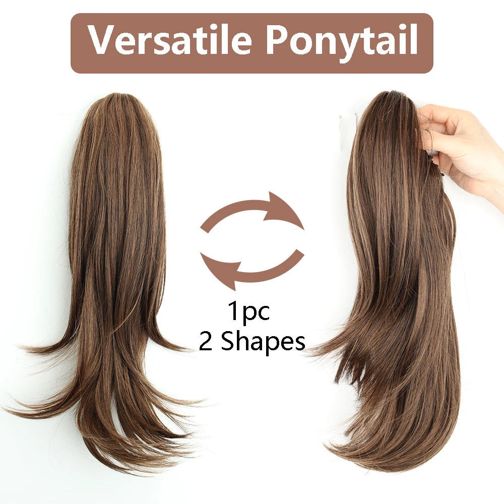 Synthetic Claw Clip Ponytail 18Inch Long Wavy Black Brown Heat Resistant Type Layered Horse Tail  Hair Extension