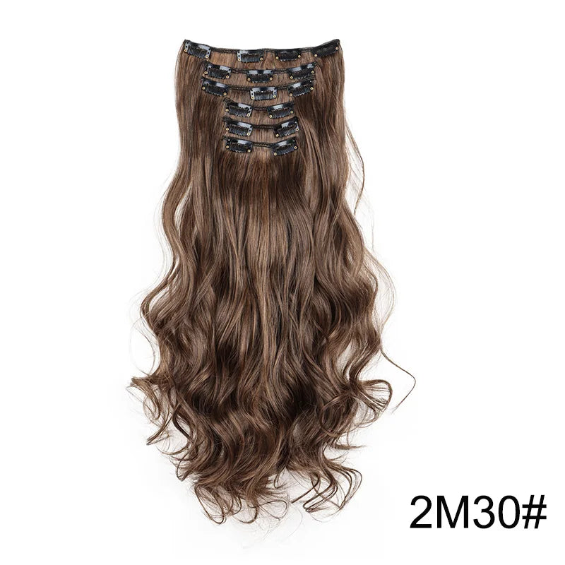 16Clips Synthetic 24Inch Long Curly Hair Hairpiece Heat Resistant Hair Extension Clips In Black Brown Blonde for Women