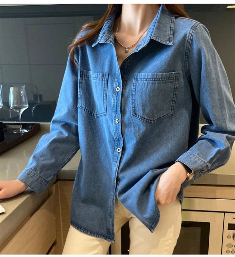 Retro Blue Shirt Denim Shirt for Women Autumn 2025 New Design Shirts Long Sleeved Solid Single Breasted Jeans Jacket for Women