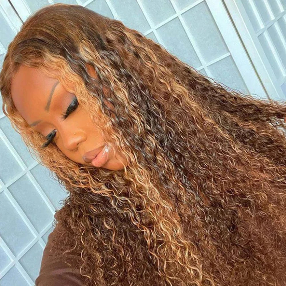 Deep Wave 30 Inch Invisible Strap 360 Full Lace Front Wig Honey Blonde Highlight Deep Curly Frontal Wig Glueless Wig Human Hair