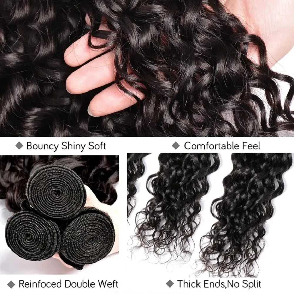 Deep Water Wave Bundles With Closure Frontal 100% Unprocessed Raw Human Hair Full And Thick 3 Bundles With 13x4 HD Lace Frontal