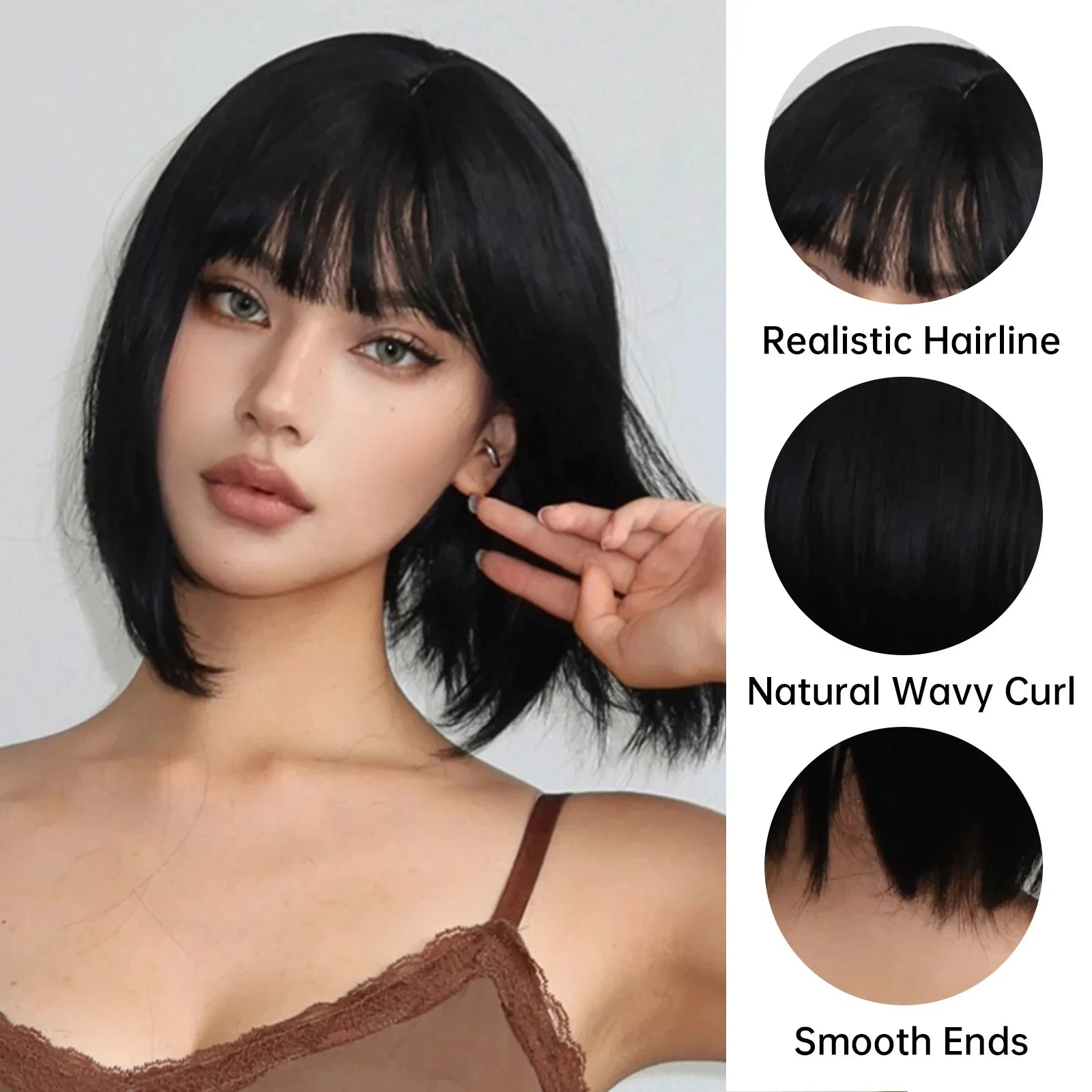 Short Straight Bob Black synthetic wig with fringe Ladies High temperature silk wig Christmas party Cosplay daily wear wig