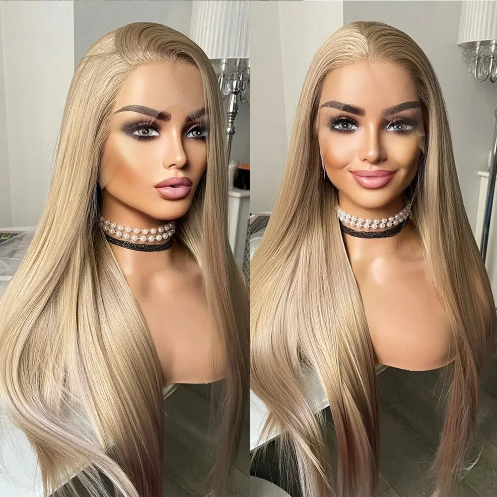 13X4 Lace Wig Long Straight Hair Synthetic Lace Front Wigs for Women Ash Blonde Wigs Synthetic Heat Resistant Party Cosplay Wig