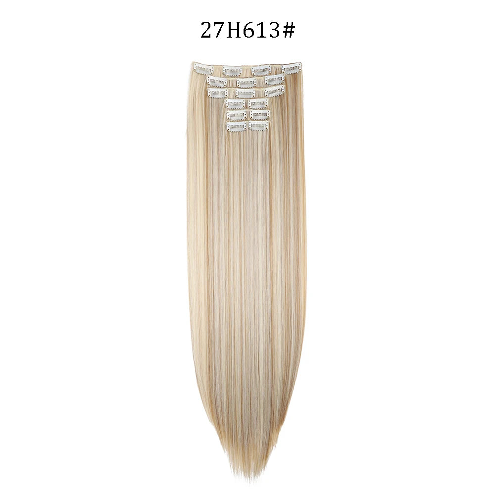 24 inches Synthetic Long Straight Hairstyle 16 Clips 6Pcs/Set Hair Extensions Blonde Black Hairpieces Heat Resistant For Women
