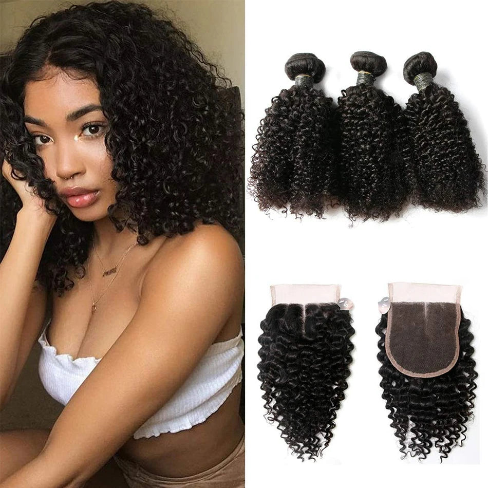 15A Kinky Curly Human Hair 3 Bundles With Closure Brazilian Virgin Hair Short Water Wave Bunldes With Frontal 13x4 Tissage