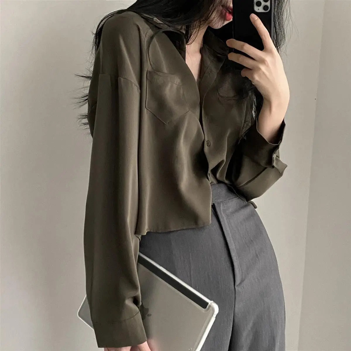 Long Sleeved Shirt And Blouse Simple Single Breasted Loose Casual Solid OL Trend Short Top Simple Elegant Fashion Women Clothes