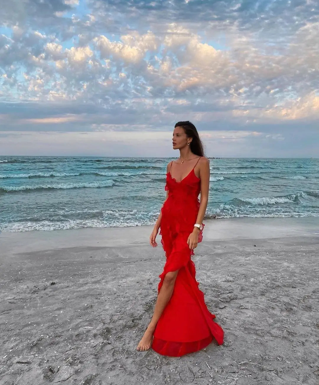 New 2025 Women's Ruffles Chiffon Maxi Dress Backlesss Split Sexy Porm Dress Red Long Summer Wedding Party Dress Elegant Vestidos