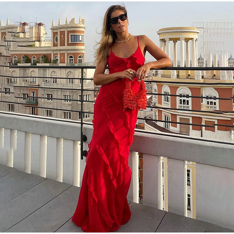 New 2025 Women's Ruffles Chiffon Maxi Dress Backlesss Split Sexy Porm Dress Red Long Summer Wedding Party Dress Elegant Vestidos
