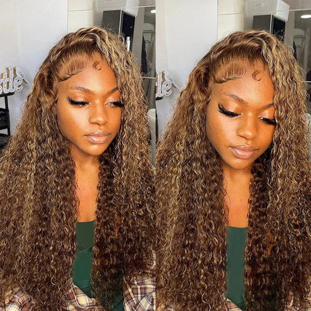 Deep Wave 30 Inch Invisible Strap 360 Full Lace Front Wig Honey Blonde Highlight Deep Curly Frontal Wig Glueless Wig Human Hair