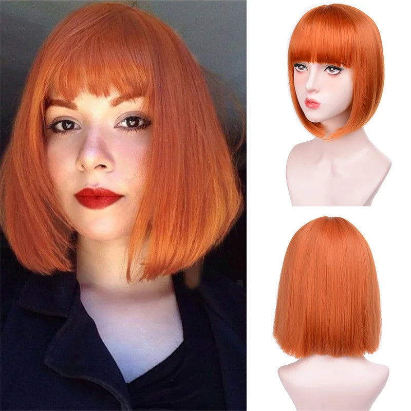 Short Straight Bob Black synthetic wig with fringe Ladies High temperature silk wig Christmas party Cosplay daily wear wig
