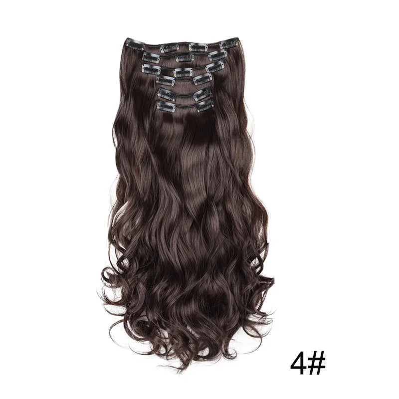16Clips Synthetic 24Inch Long Curly Hair Hairpiece Heat Resistant Hair Extension Clips In Black Brown Blonde for Women