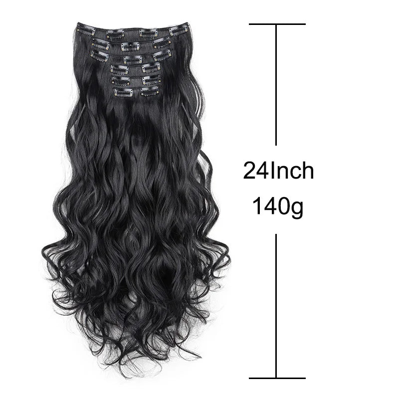 16Clips Synthetic 24Inch Long Curly Hair Hairpiece Heat Resistant Hair Extension Clips In Black Brown Blonde for Women