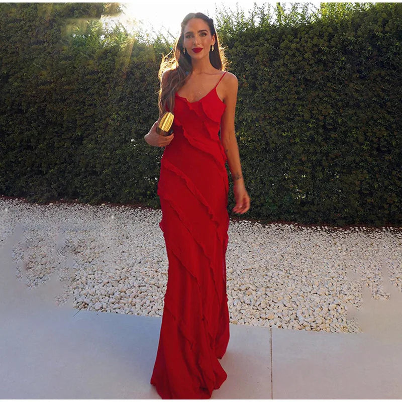 New 2025 Women's Ruffles Chiffon Maxi Dress Backlesss Split Sexy Porm Dress Red Long Summer Wedding Party Dress Elegant Vestidos