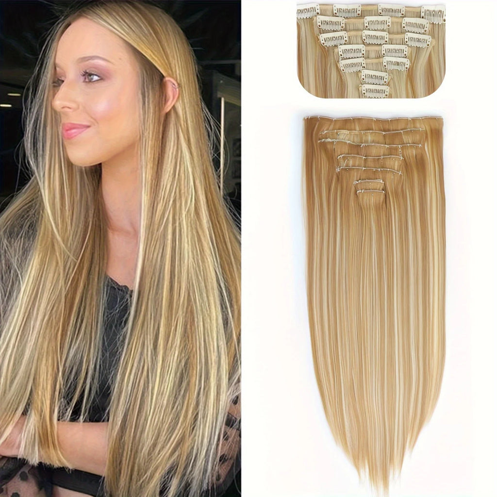 Long Straight Hairstyle 16 Clips 7Pcs/Set Hair Extensions Natural Synthetic Blonde Black Hairpieces Heat Resistant For Women