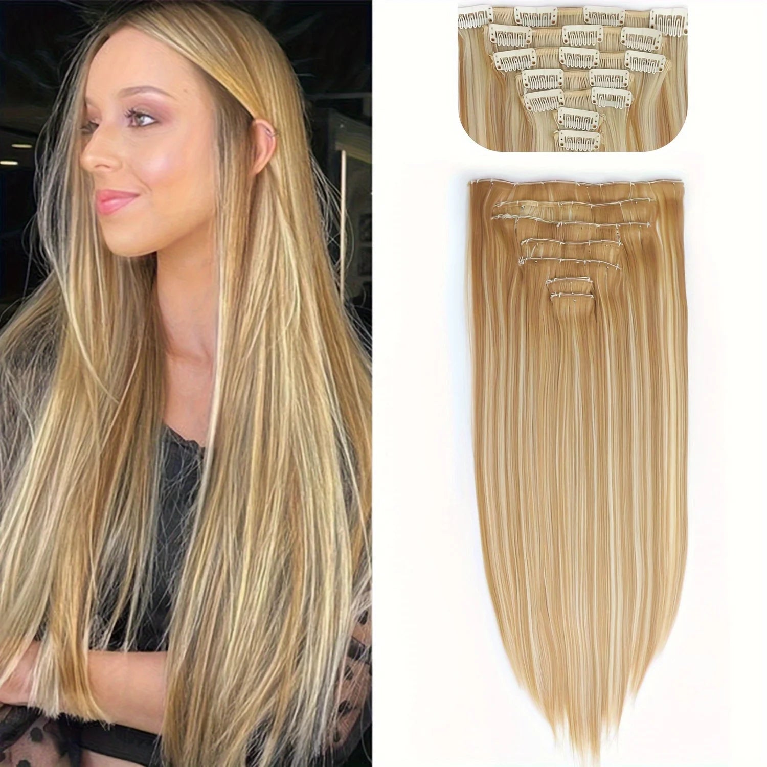 Long Straight Hairstyle 16 Clips 7Pcs/Set Hair Extensions Natural Synthetic Blonde Black Hairpieces Heat Resistant For Women