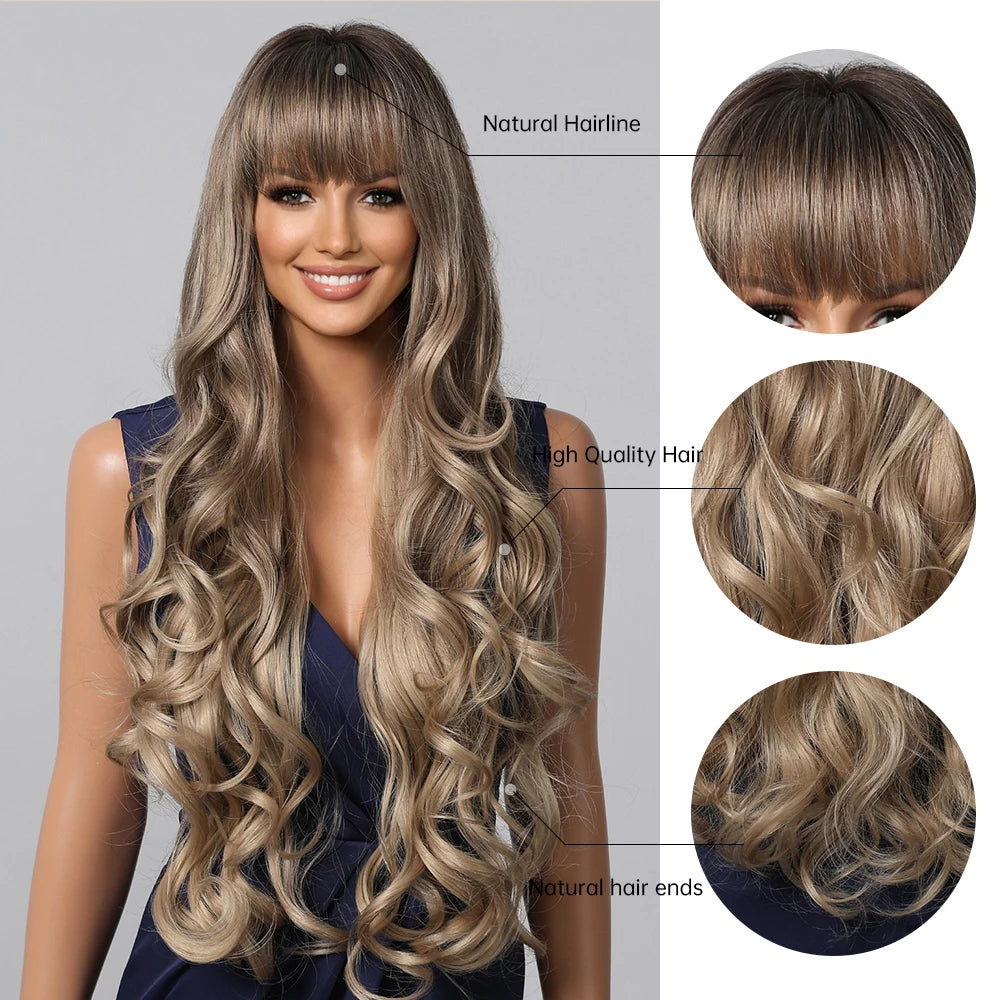 Loose Body Wave Synthetic Wigs Long Brown Blonde Ombre Wig with Bangs Wave Curl Wigs for Black Women Heat Resistant Daily Party