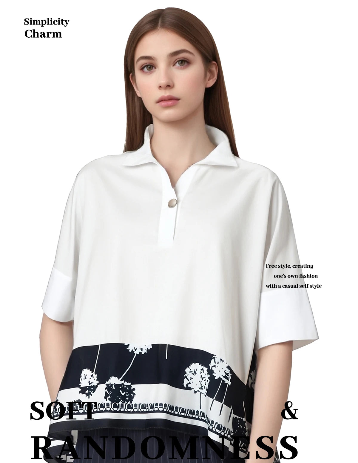 CHCH Pullover Women Blouse Lapel Three-Quarters Sleeve Tops Loose Soft Comfortable Pactwork Fashion Irregular Female Shirts