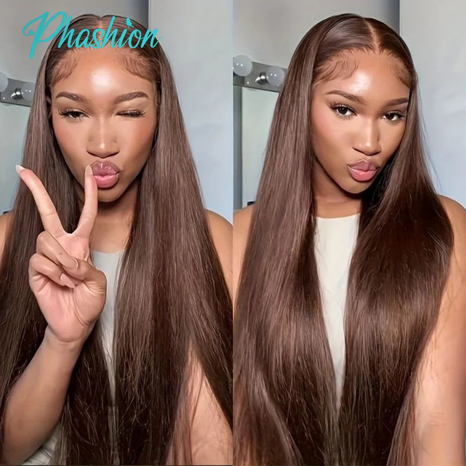 Phashion #4 Chocolate Brown  Straight Bundles Weave With 2x6 Lace Closure Human Hair Colored 100% Remy Brazilian Hair Extensions
