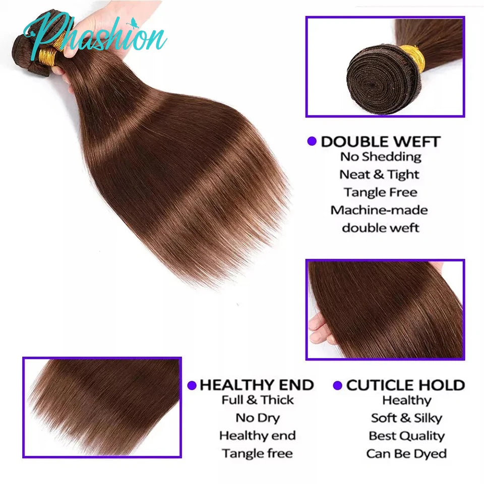 Phashion #4 Chocolate Brown  Straight Bundles Weave With 2x6 Lace Closure Human Hair Colored 100% Remy Brazilian Hair Extensions