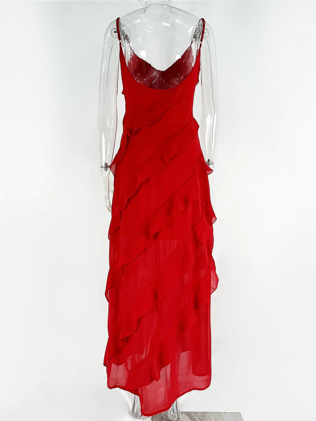 New 2025 Women's Ruffles Chiffon Maxi Dress Backlesss Split Sexy Porm Dress Red Long Summer Wedding Party Dress Elegant Vestidos