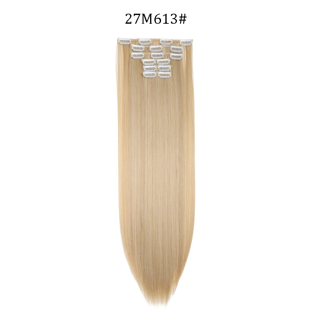 24 inches Synthetic Long Straight Hairstyle 16 Clips 6Pcs/Set Hair Extensions Blonde Black Hairpieces Heat Resistant For Women