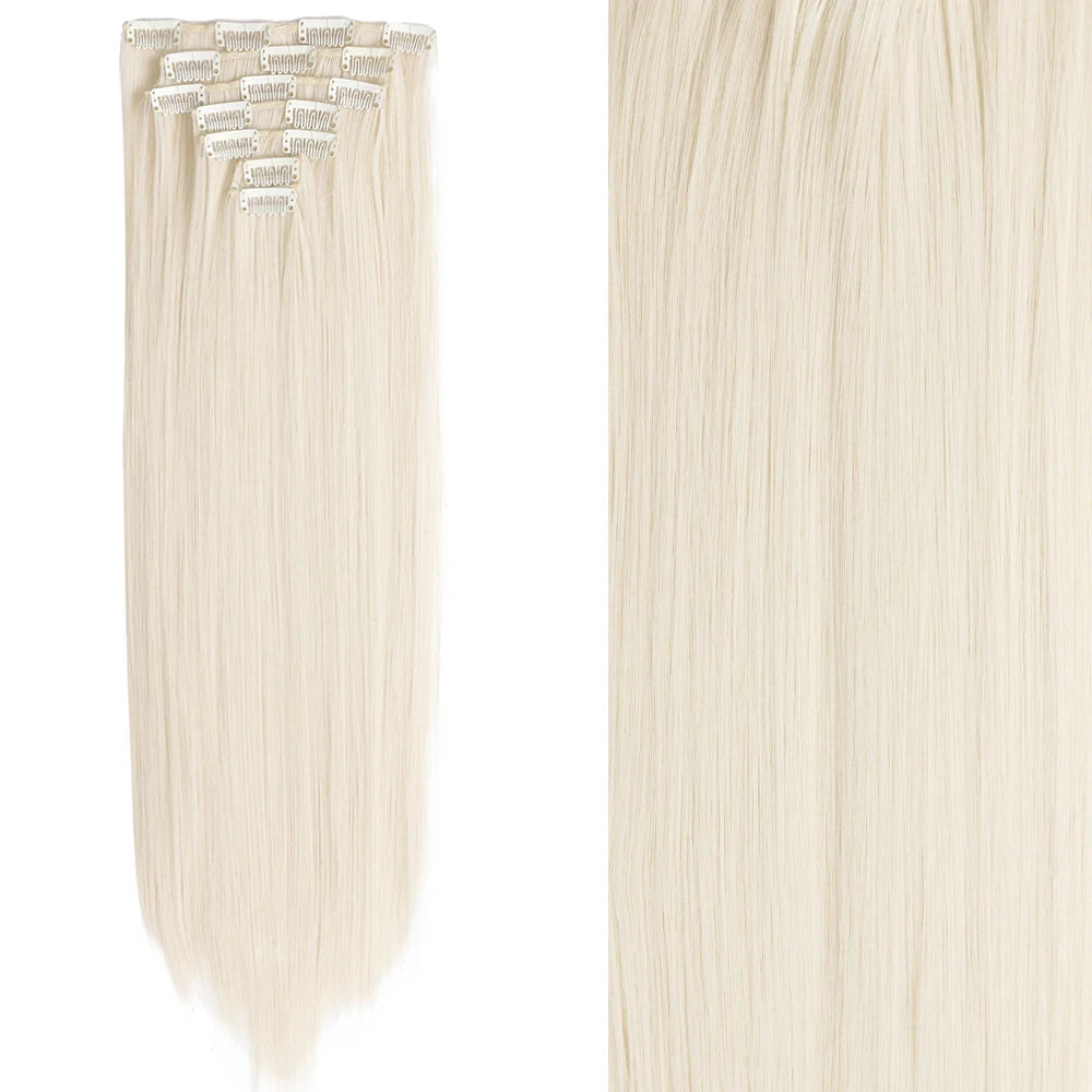 Long Straight Hairstyle 16 Clips 7Pcs/Set Hair Extensions Natural Synthetic Blonde Black Hairpieces Heat Resistant For Women