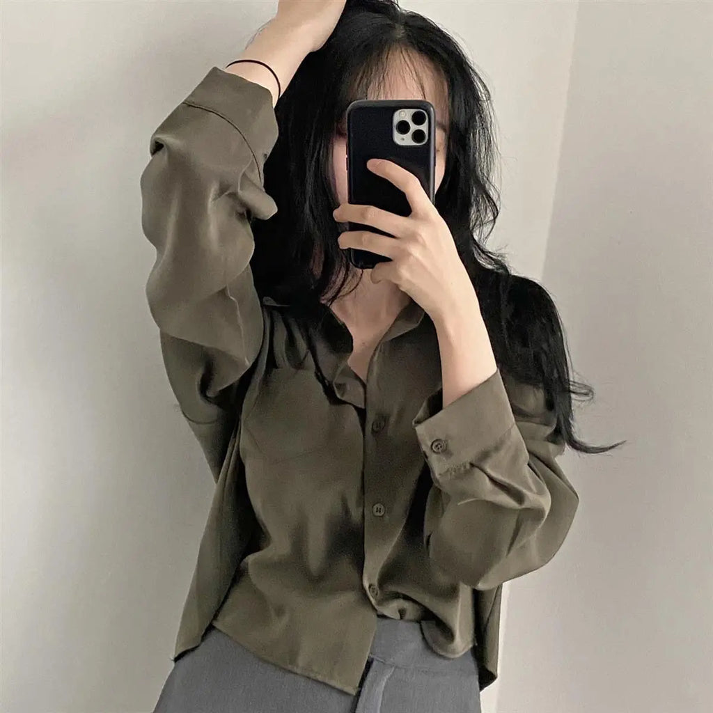 Long Sleeved Shirt And Blouse Simple Single Breasted Loose Casual Solid OL Trend Short Top Simple Elegant Fashion Women Clothes