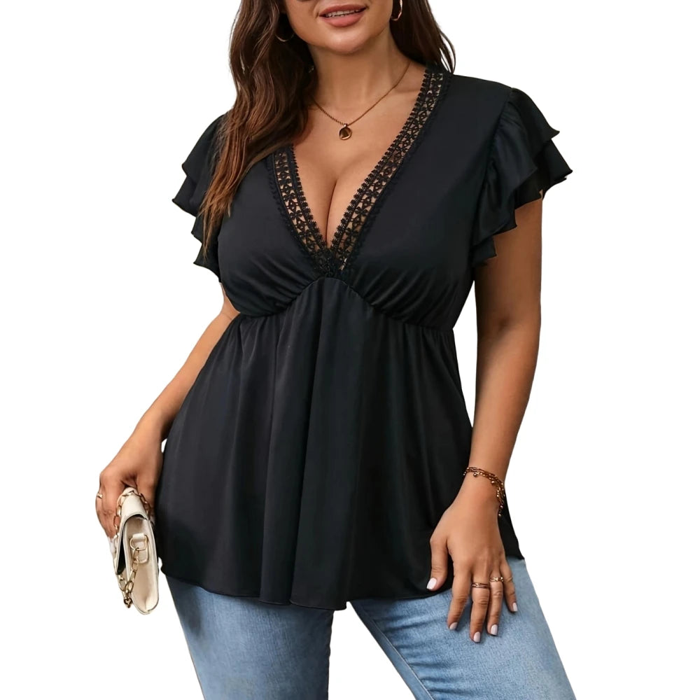 Plus Size Women's Elegant Black Short Sleeve Tops V Neck Medium Elastic Solid Shirt with Ruffle Detail and Lace Edge