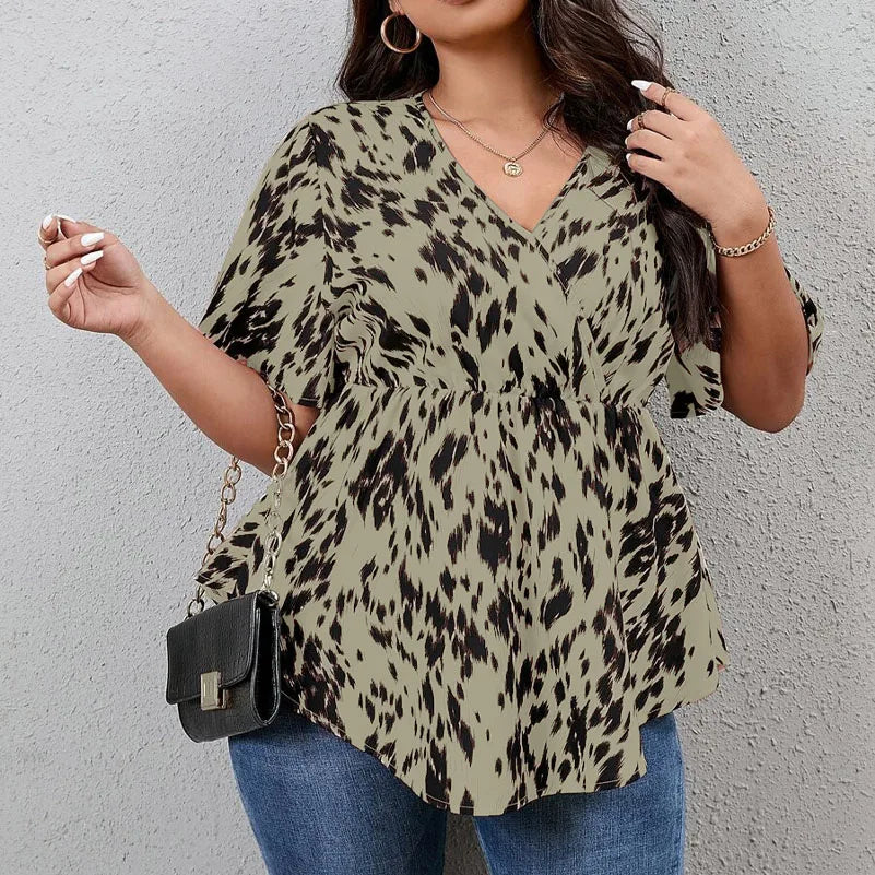 Plus Size Women's Shirts, All-Over Printed V-Neck Short-Sleeved Shirts, Elastic Waist Summer Casual Tops