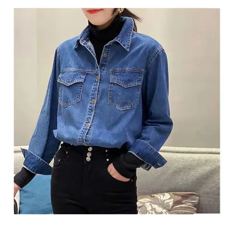 Retro Blue Shirt Denim Shirt for Women Autumn 2025 New Design Shirts Long Sleeved Solid Single Breasted Jeans Jacket for Women