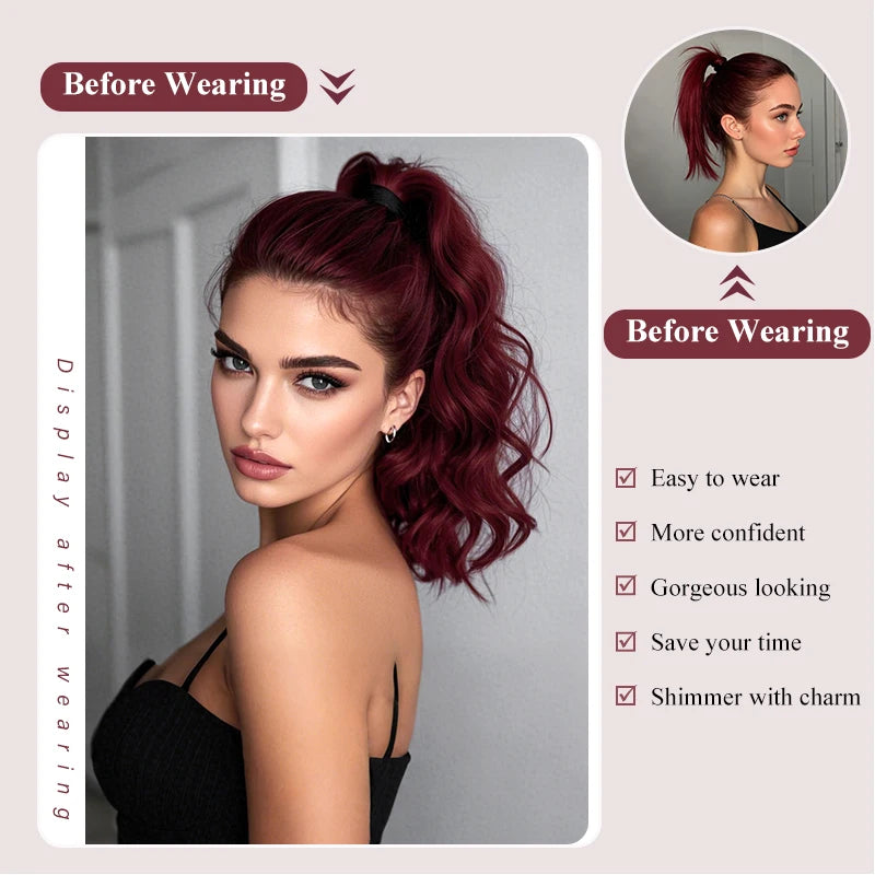 Clip-in Synthetic Hair Ponytail Extension Short Wavy Curled Clip-on Ponytail with Claw Clip Wine Red Hairpiece for Women