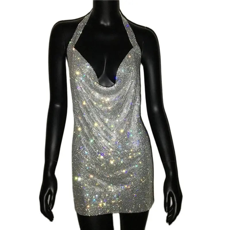 Bling Rhinestone Backless Dress Sexy Deep V Neck Sleeveless Side Split Halter Dress Nightclub Party Evening Dresses
