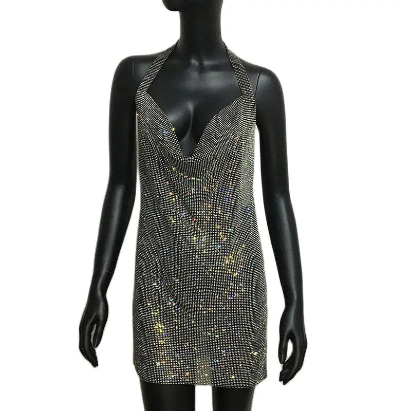Bling Rhinestone Backless Dress Sexy Deep V Neck Sleeveless Side Split Halter Dress Nightclub Party Evening Dresses