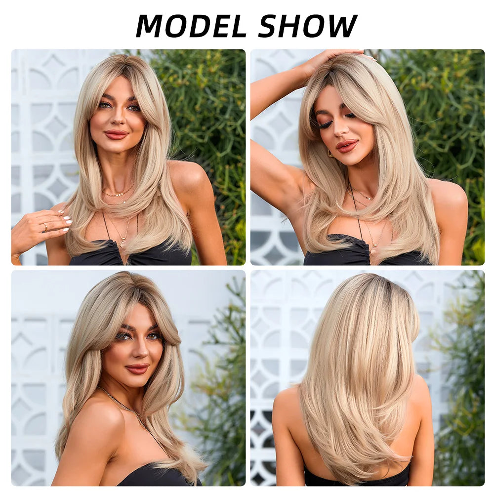Element Synthetic Fiber Wigs for Women Long Straight Wavy Brown Blonde Wig with Bangs Heat Resistant Fashion Natural Daily Party