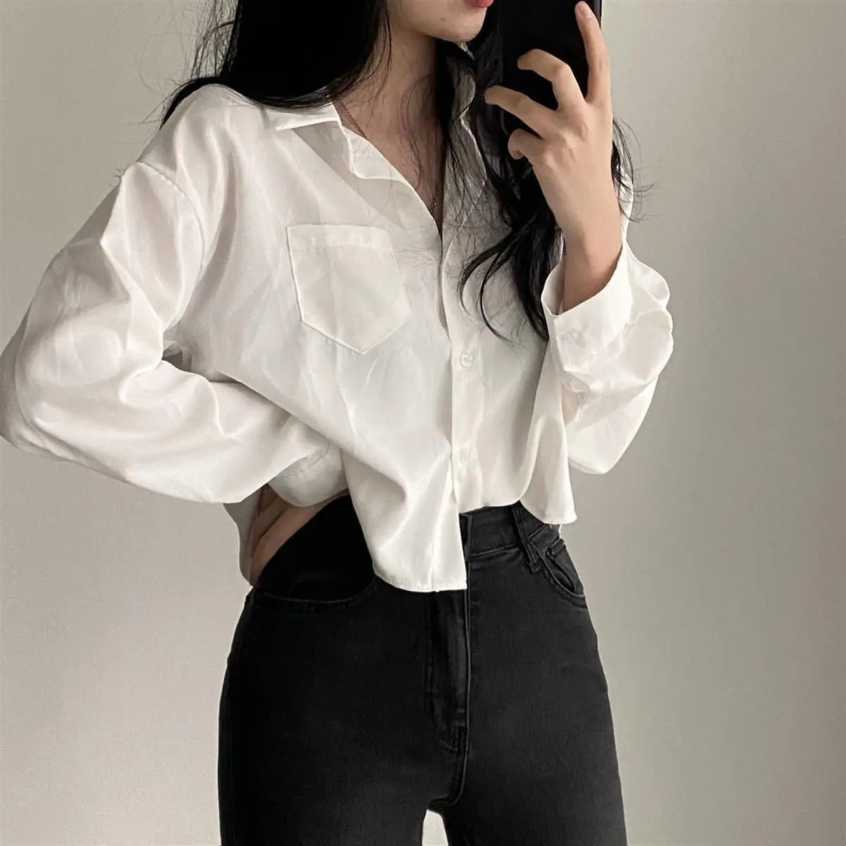 Long Sleeved Shirt And Blouse Simple Single Breasted Loose Casual Solid OL Trend Short Top Simple Elegant Fashion Women Clothes