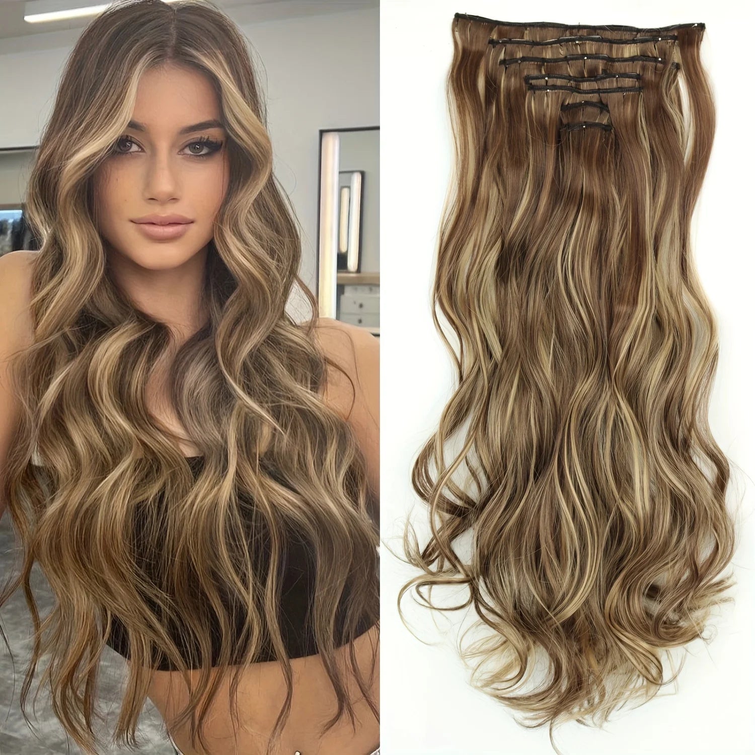 Long Straight Hairstyle 16 Clips 7Pcs/Set Hair Extensions Natural Synthetic Blonde Black Hairpieces Heat Resistant For Women
