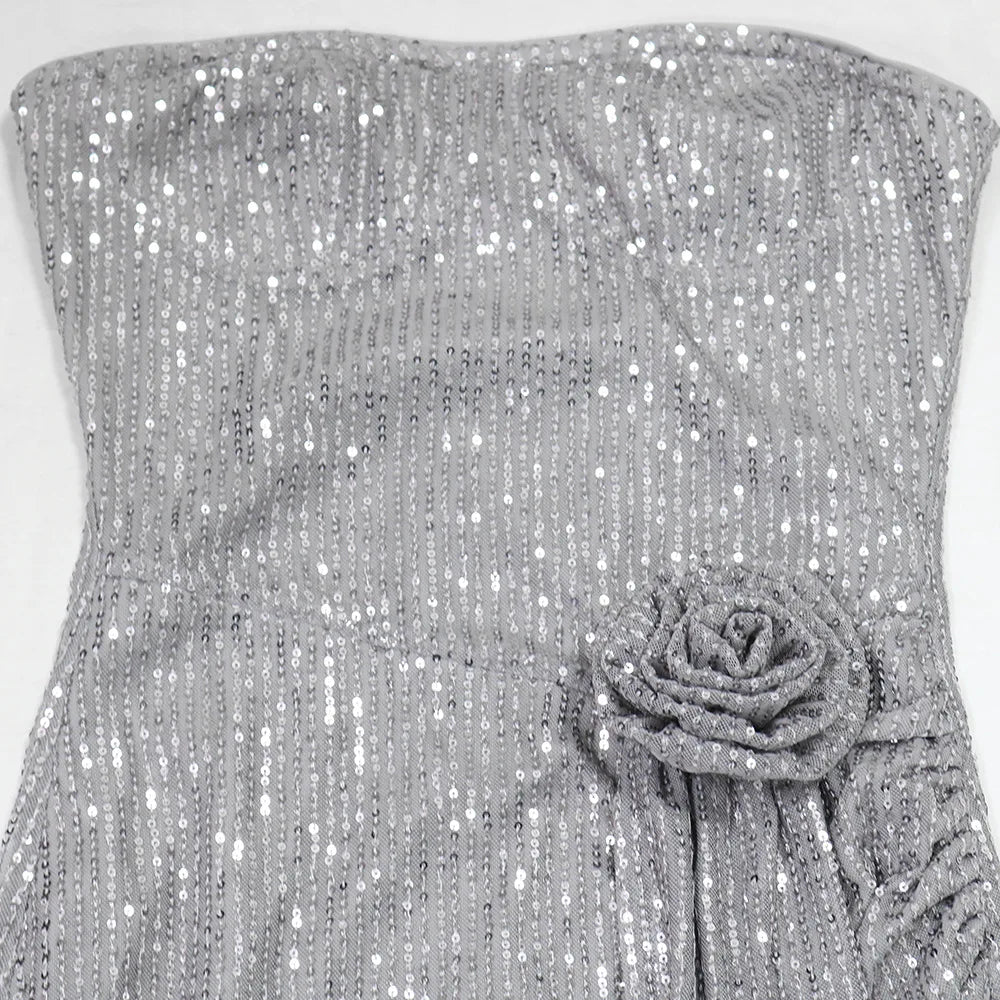 Strapless Sexy Sequin Dress Women Party Dresses Sleeveless Bodycon Vestidos Slim Night Club High Waist Knee Length Patchwork