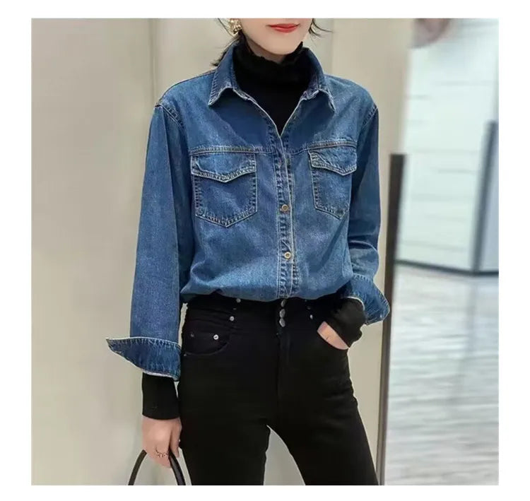 Retro Blue Shirt Denim Shirt for Women Autumn 2025 New Design Shirts Long Sleeved Solid Single Breasted Jeans Jacket for Women
