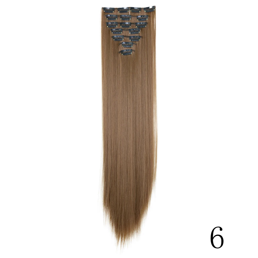 LANSA 7Clips Long Straight Synthetic Clip On Hair Extensions Cheveux Clip Naturel High Temperature Fiber Black Brown Hairpiece