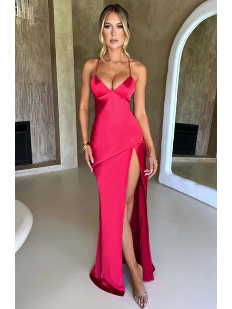 Bandage Backless Elegant Dress Split Hem Spaghetti Strap Slim Cocktail Party Club Fashion Satin Solid Lace-Up Long Dresses