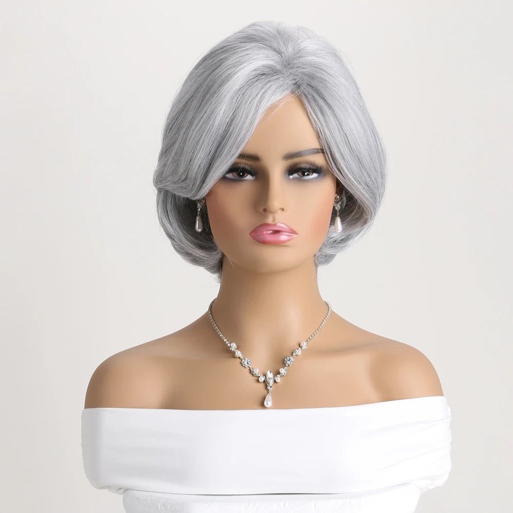 Short Natural Wigs with Bangs Soft Mommy Hair Daily Use Short  Grey Ombre Curly Synthetic Hair Costume Party Wig for Women