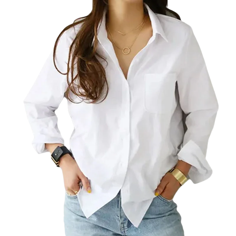 OL Style Tops Fashionable Commuting Style Long Sleeved Lapel White Shirt Elegant Office Lady Cotton Blouse Camisa Feminina 3496