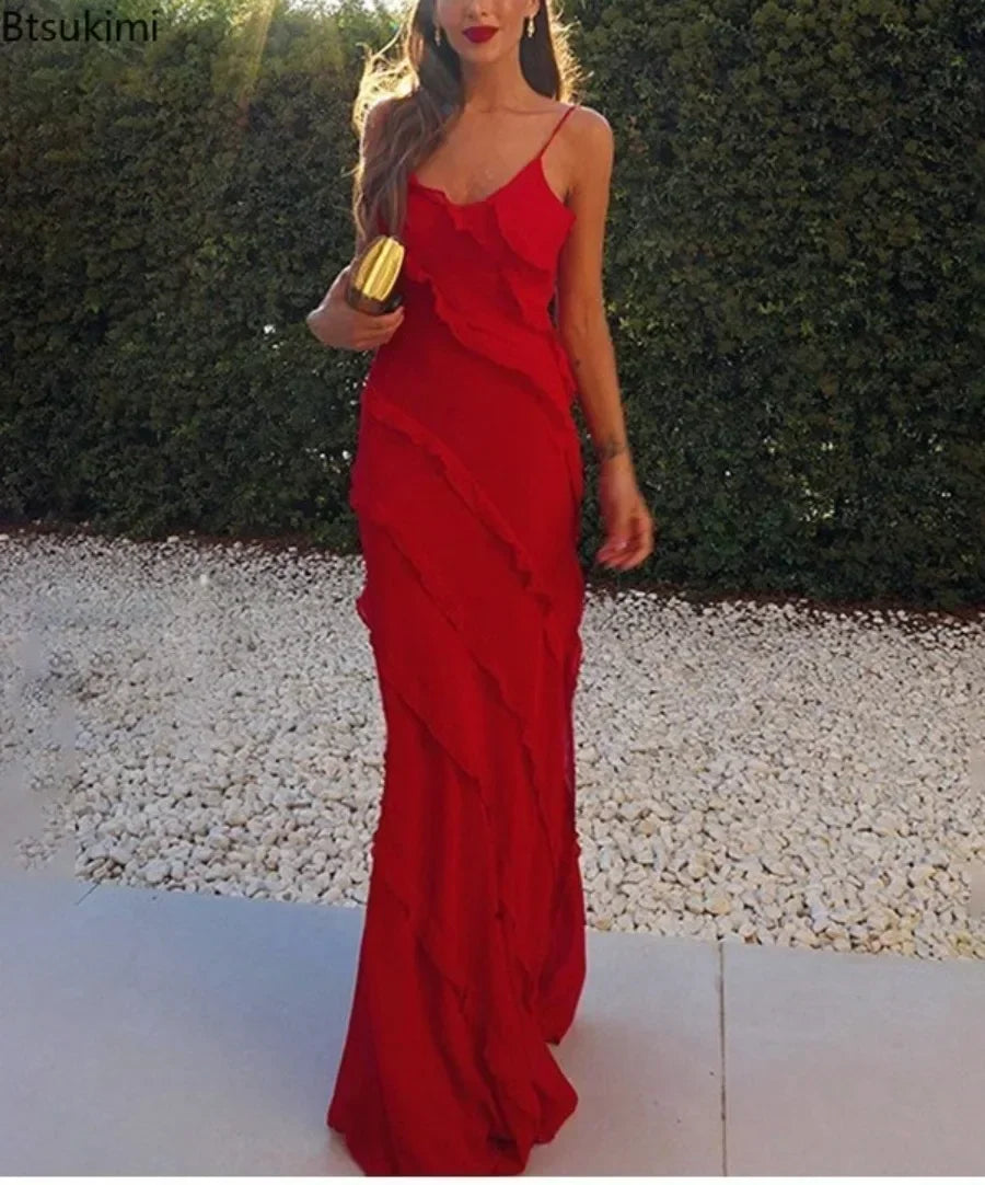 New 2025 Women's Ruffles Chiffon Maxi Dress Backlesss Split Sexy Porm Dress Red Long Summer Wedding Party Dress Elegant Vestidos