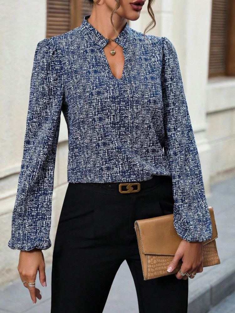Fashionable Spring and Summer Fully Printed Notched V Neck Lantern Sleeve Shirt