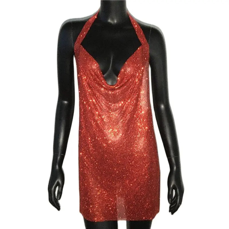 Bling Rhinestone Backless Dress Sexy Deep V Neck Sleeveless Side Split Halter Dress Nightclub Party Evening Dresses