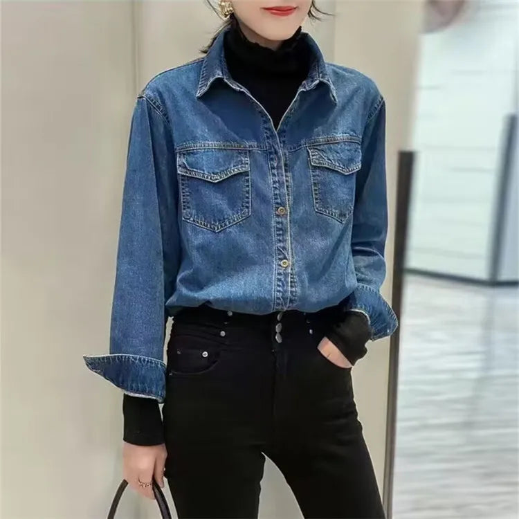 Retro Blue Shirt Denim Shirt for Women Autumn 2025 New Design Shirts Long Sleeved Solid Single Breasted Jeans Jacket for Women